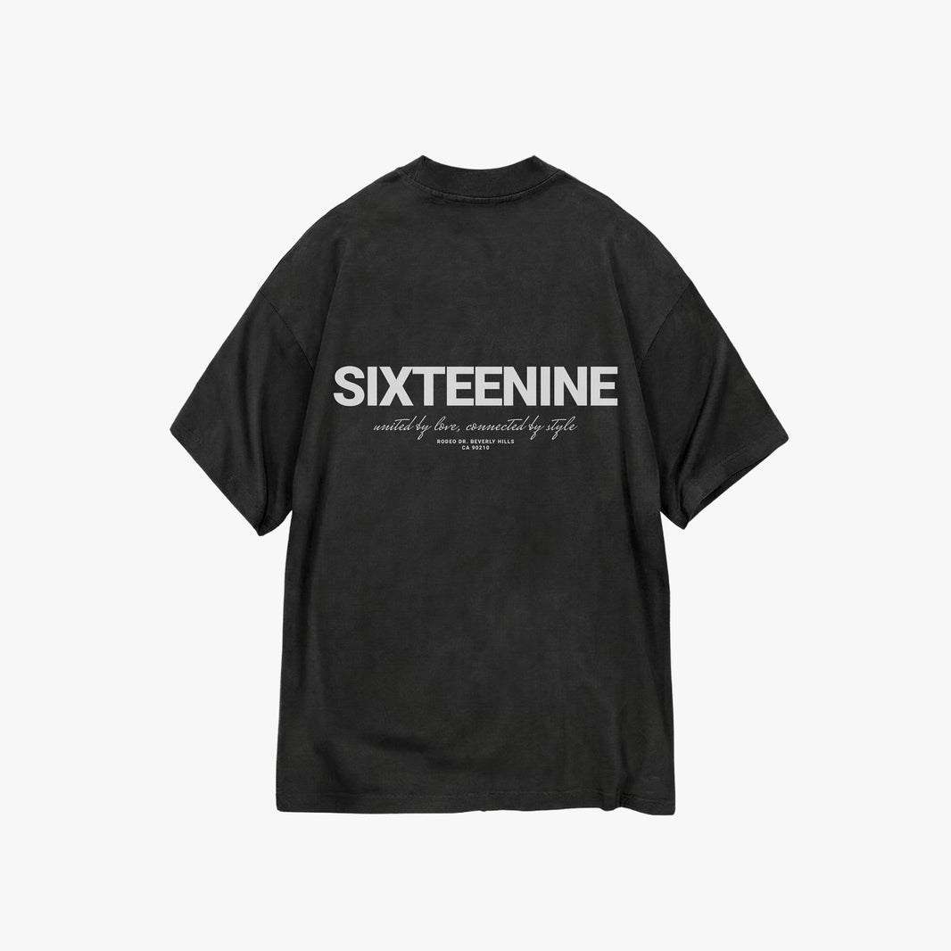 Black t-shirt with SIXTEENINE branding on a white background