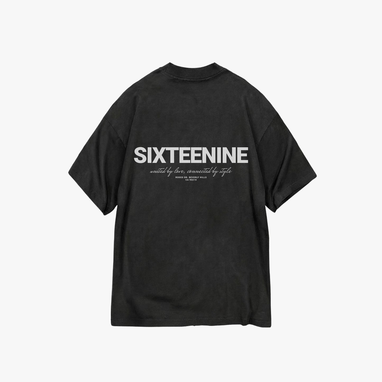 Black t-shirt with SIXTEENINE branding on a white background