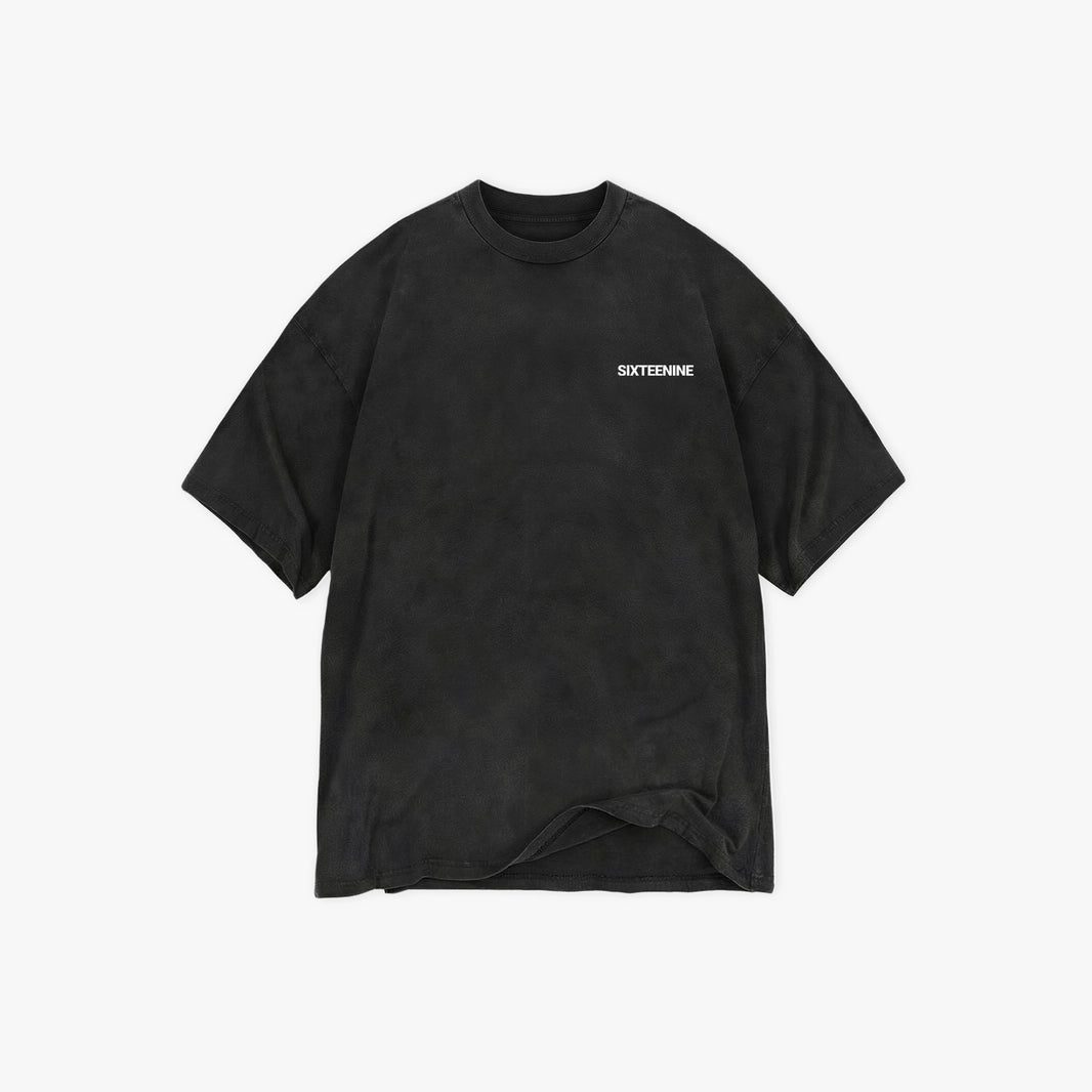 Black t-shirt with a small sixteenine logo on a white background