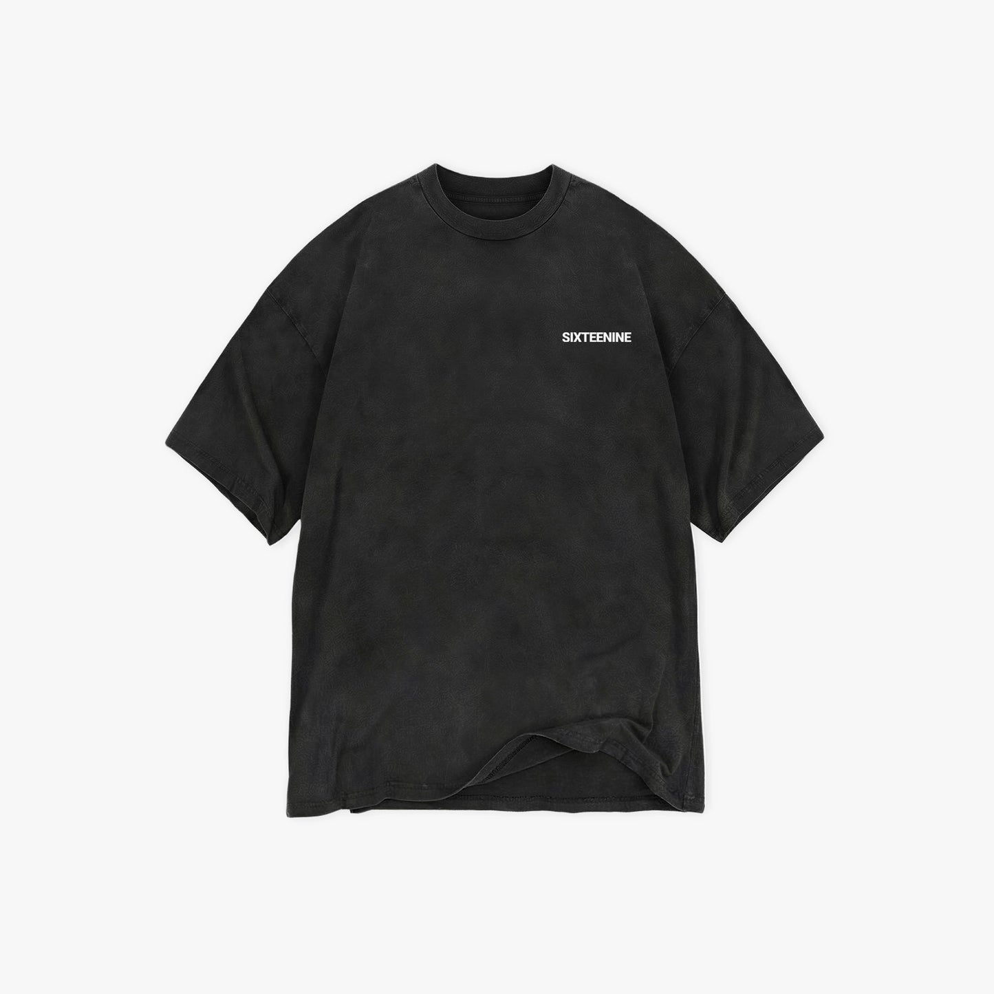 Black t-shirt with a small sixteenine logo on a white background