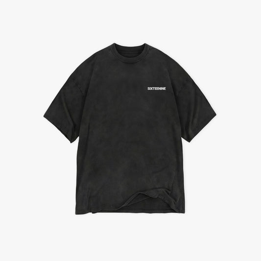 Black t-shirt with a small sixteenine logo on a white background