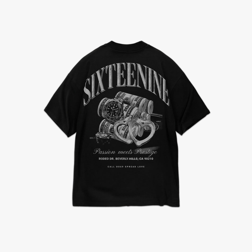 Black t-shirt with graphic design and text on a white background