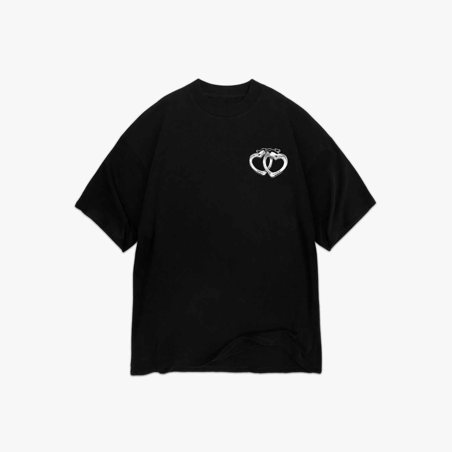 Black t-shirt with a sixteenine logo on the chest against a white background