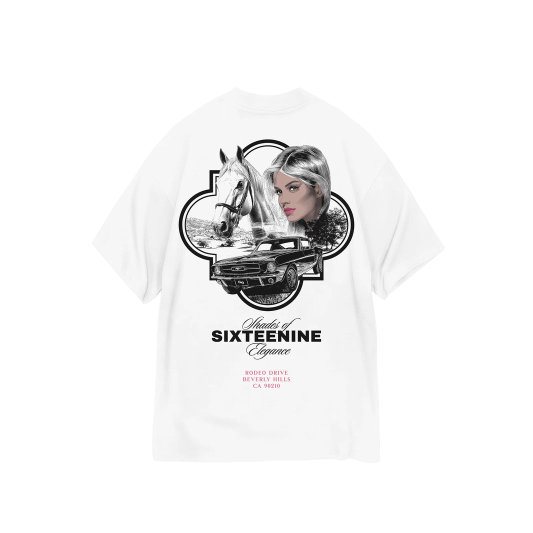 White t-shirt with graphic design of a horse, woman, and car, featuring the text 'Shades of Sixteenine Elegance'.