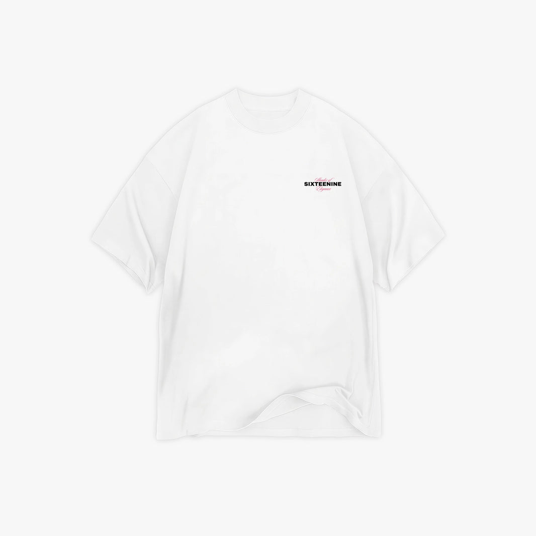 White t-shirt with a small sixteenine logo on a white background