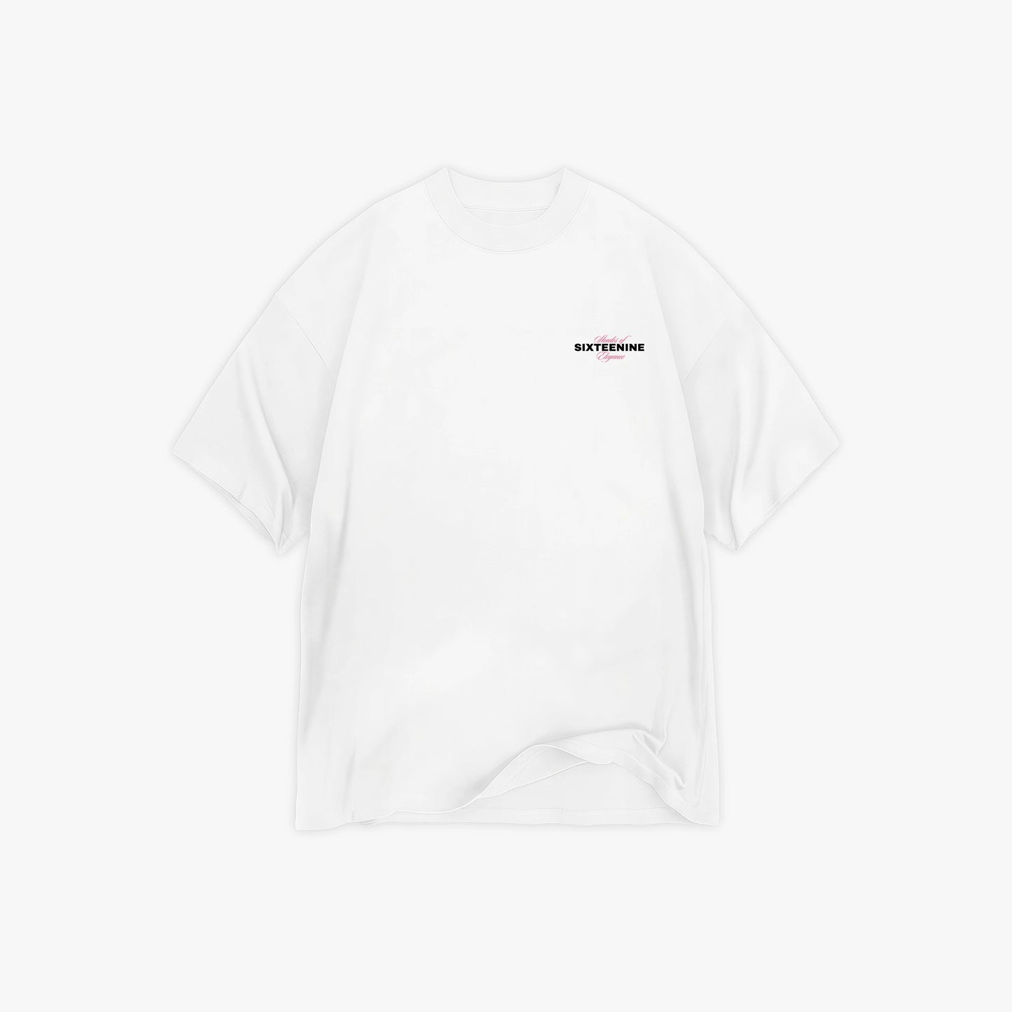 White t-shirt with a small sixteenine logo on a white background