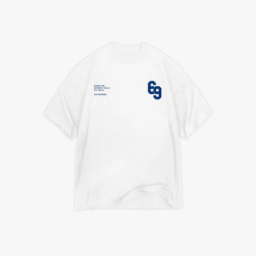 White t-shirt with blue and black text and sixteenine logo on a white background