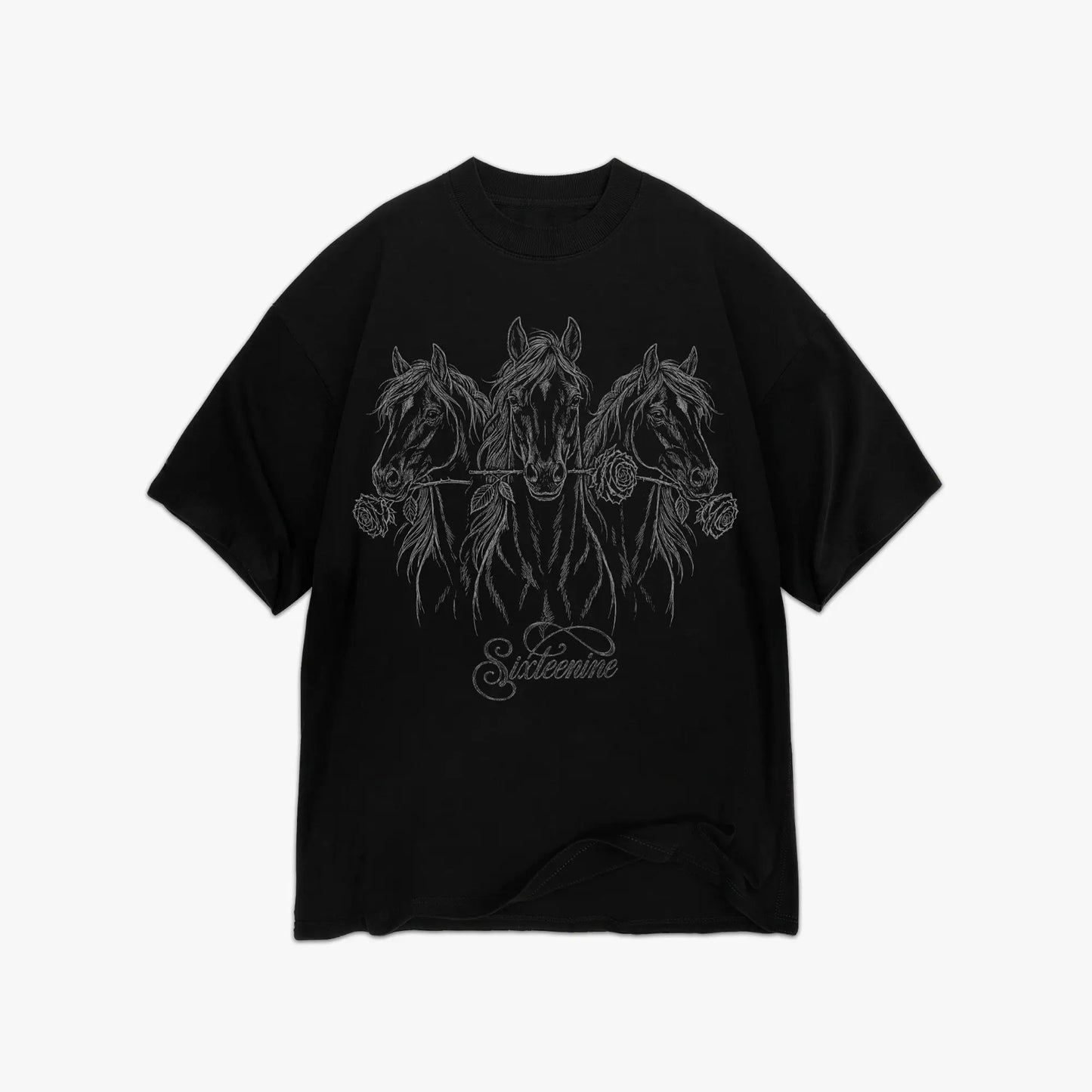 Wild Intentions Oversized Black Graphic Tee - Horse & Rose Front Print - Sixteenine