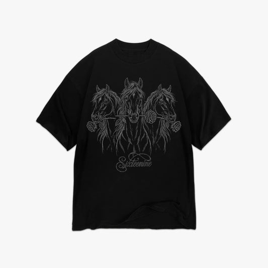 Wild Intentions Oversized Black Graphic Tee - Horse & Rose Front Print - Sixteenine